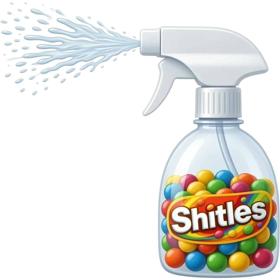 add Skittles candies floating inside the spray bottle with trigger and liquid spraying out emoji