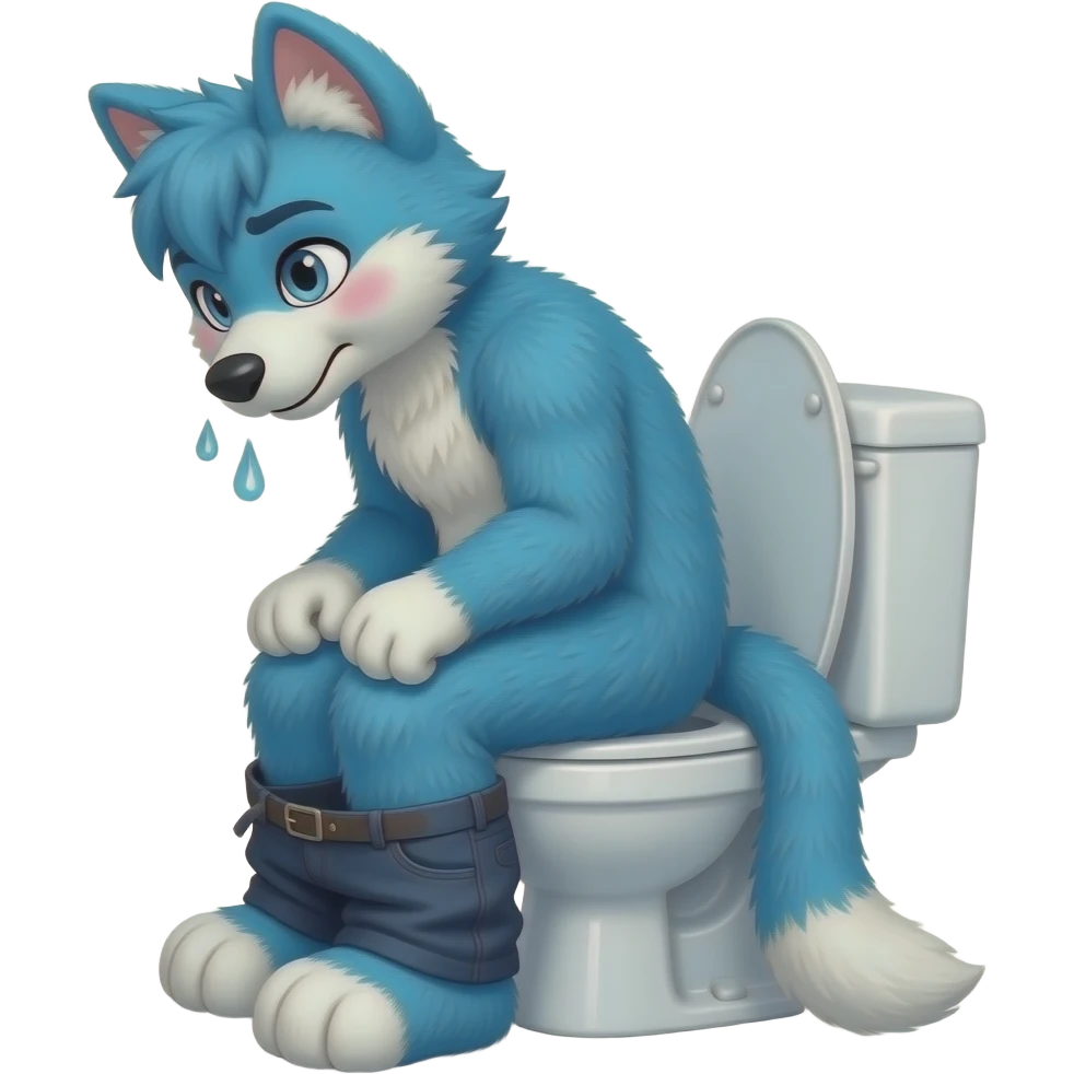 blue fursuit sitting on toilet, side view, pants down, straining, blushing, sweating emoji