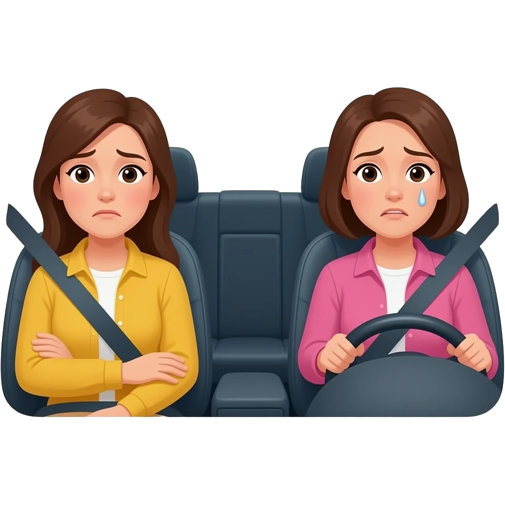 2 adults women in the front seat, back seat visble, one driving worried, text box coming out of her person saying weird things have been happening, the other looking empathetic emoji