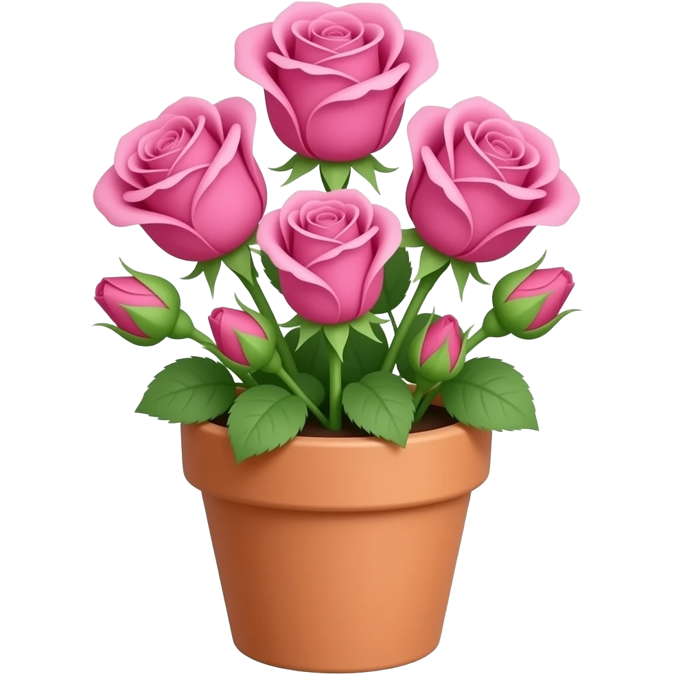 young magenta pink roses in a terracotta pot with leaves starting to ...