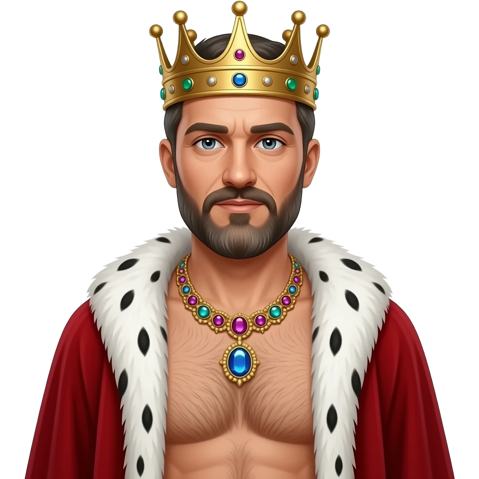 Erstelle ein Portrait von einem König und die 40 mit Bart und Krone, er trägt eine prunkvolle Goldkette mit Edelsteinen um den Hals. Er hat kein Hemd an aber ein roten samt Umhang mit weißen Pelz um seine Schulter. Unter dem Umhang sieht man seine behaarte männliche Brust und Körper emoji