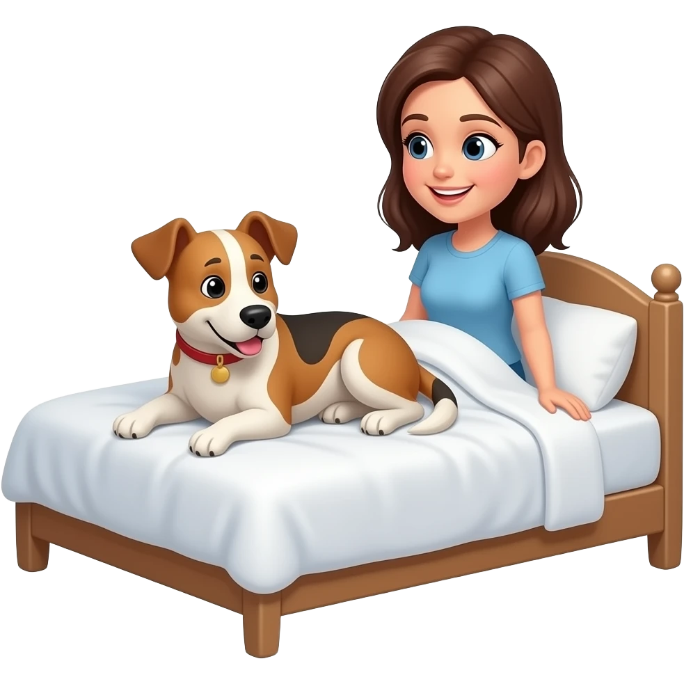 Un perro ocupando toda la cama mientras una mujer se queda en una pequeña esquina mirándolo feliz emoji