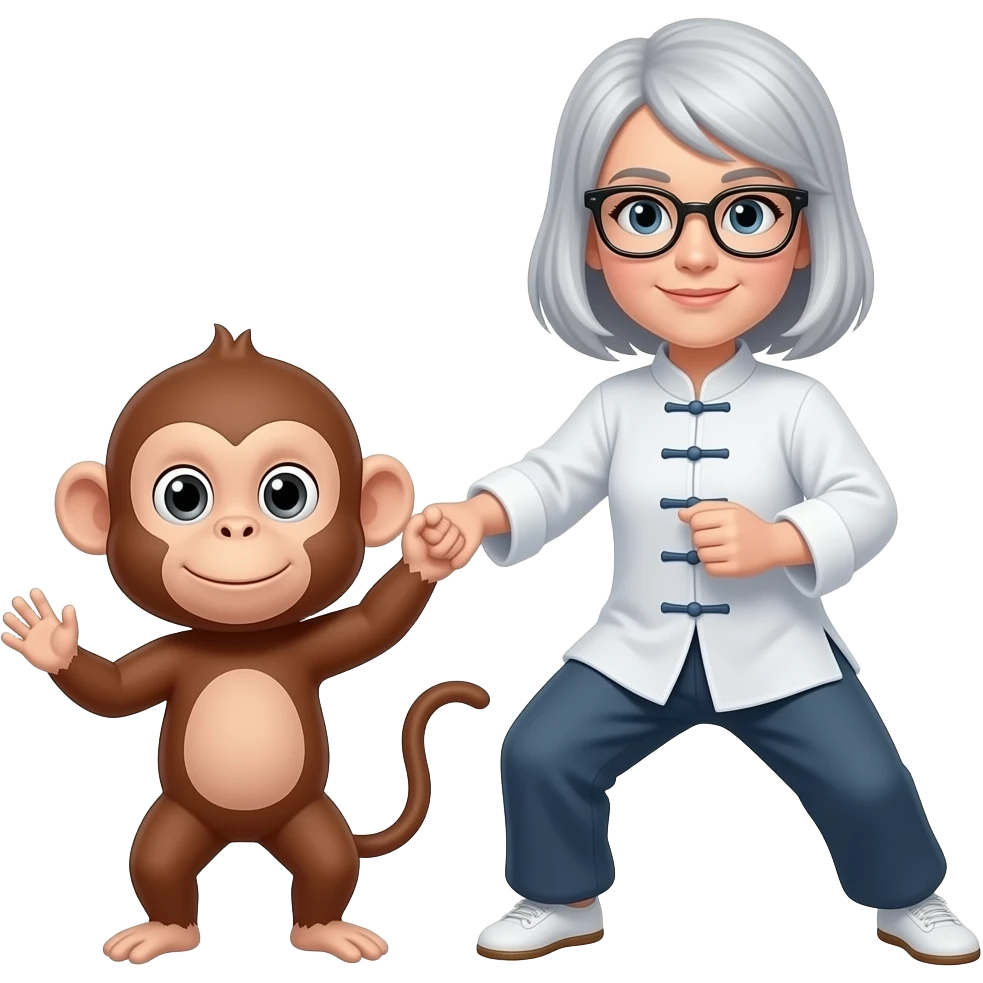 Taichi repousser le singe femme lunettes cheveux mi-long gris clair chine emoji