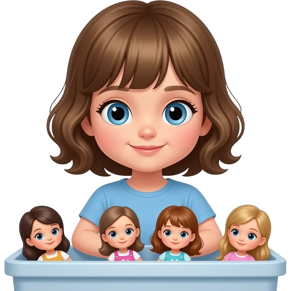 white kid blue eyes mid length with bangs soft curly hair to shoulders in color: middle to little darker blond, puts away dolls in a bin emoji