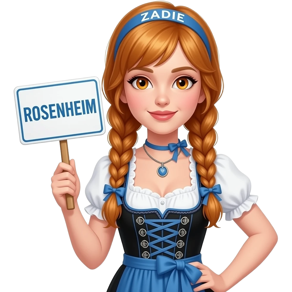 sexy girl with overlong ginger braids and ginger eyes wearing a black blue dirndl and a blue headband with ZADIE written on it, is holding a sign with ROSENHEIM written on it emoji