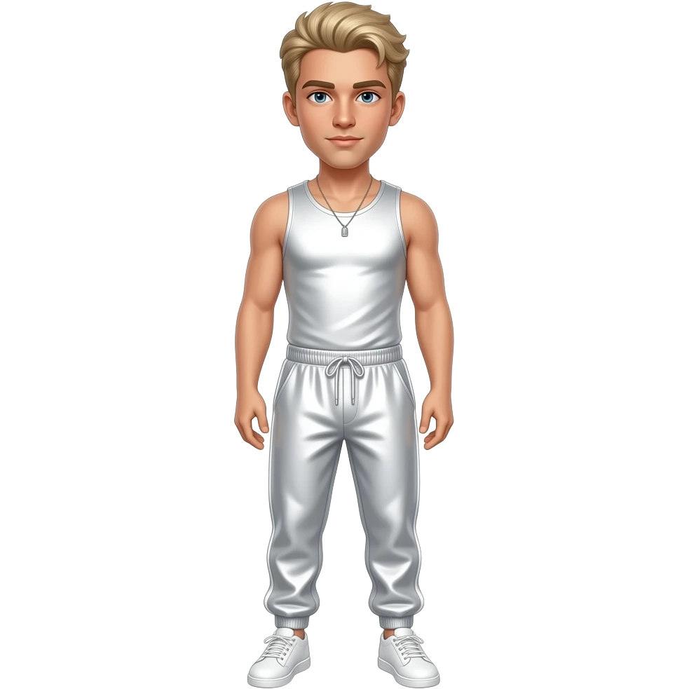 Nick Carter with light blonde hair, white metallic tank top, white metallic baggy joggers, white shoes emoji