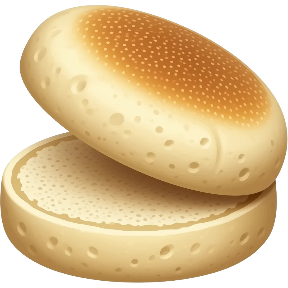 Plain toasted English muffin from the side, cut in half one sitting on top of the other really show the details of the round English muffin with the little holes in it and everything emoji