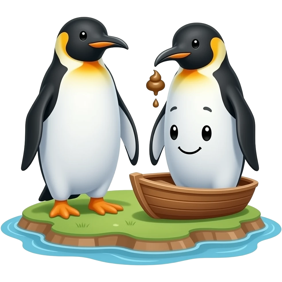 pinguino con un estuche en una islaen un bater aciendeo del 2 i que la caca le caiga a otro pinguino que el barco tenga cara emoji
