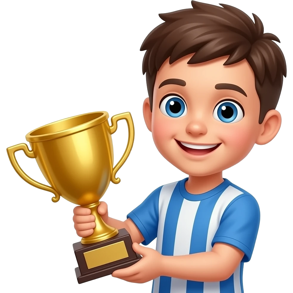 Un enfant garçon souriant, avec un trophée dans les mains. emoji