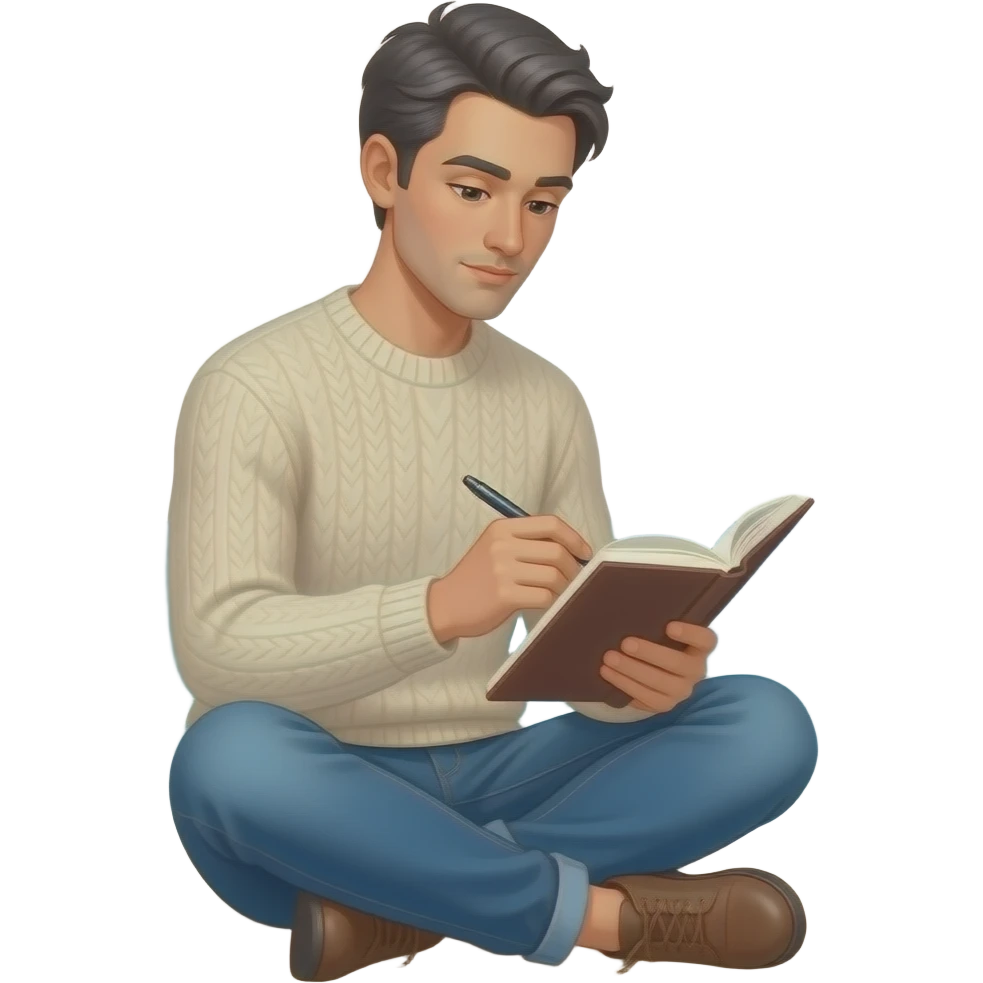 a tall skinny man with dark grey hair wearing casual outfit, writing poetry, sitting by the sea emoji