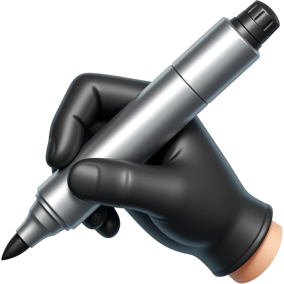 female hand in black simple glove writing with big bold metallic marker, small timer on the top of marker emoji