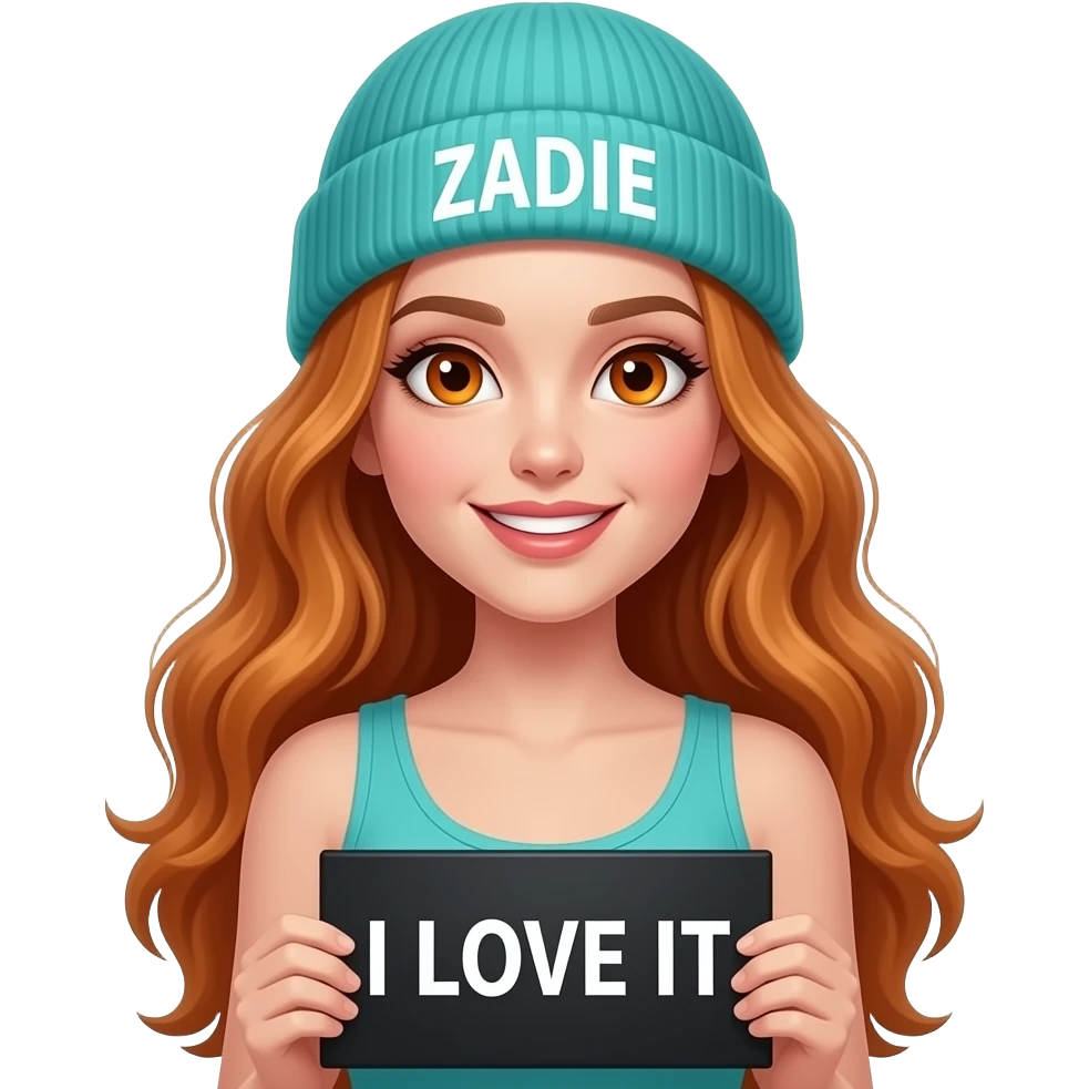 sexy girl with overlong wavy ginger hair and ginger eyes wearing a turquoise tanktop and a turquoise beanie with ZADIE written on it, is holding a black sign with I LOVE IT written on it emoji