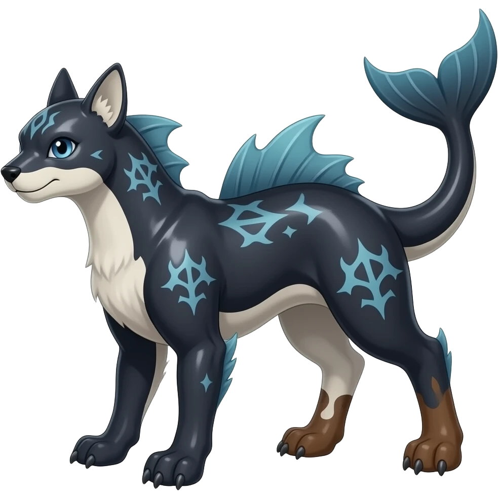 Tough Quadrupedal digitigrade shiny glossy smooth finned frilled gothic tall slim unique epic legendary shiny edgy cool cyberpunk-solarpunk-fantasy-Absol-Sprigatito-Vaporeon-Furret-Manectric-Mudkip-Fakémon-hybrid with an orca tail emoji