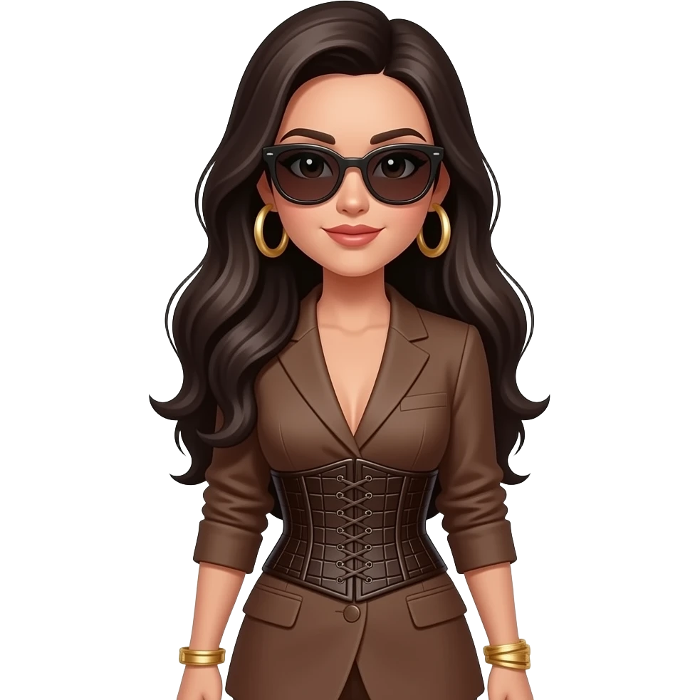 A woman with long dark hair, wearing sunglasses and a brown suit with a dark brown crocodile-patterned corset. She is accessorized with large gold hoop earrings and gold bracelets. emoji