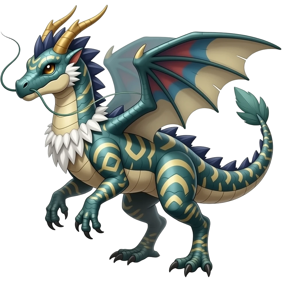 scaly shiny frilled spiky frilly feathery raptorik finned patterned tribal-patterned digitigrade quadrupedal Vaporeon-Salandit-Umbreon-Salamence-hybrid with long thin dragon whiskers emoji
