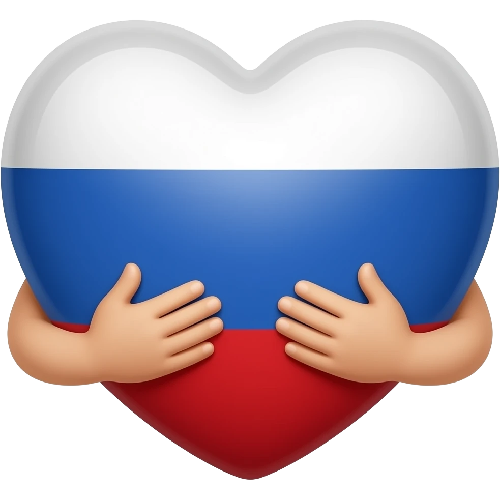 A heart shape filled with three horizontal stripes: white on top, blue in middle, red on bottom. The heart has two small hands hugging itself from the sides. Simple flat vector, round emoji format, clean white background, warm and kind. emoji
