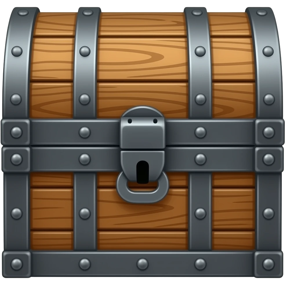 hyper-realistic, Plain looking battered wooden chest with iron fittings, closed, facing forward emoji