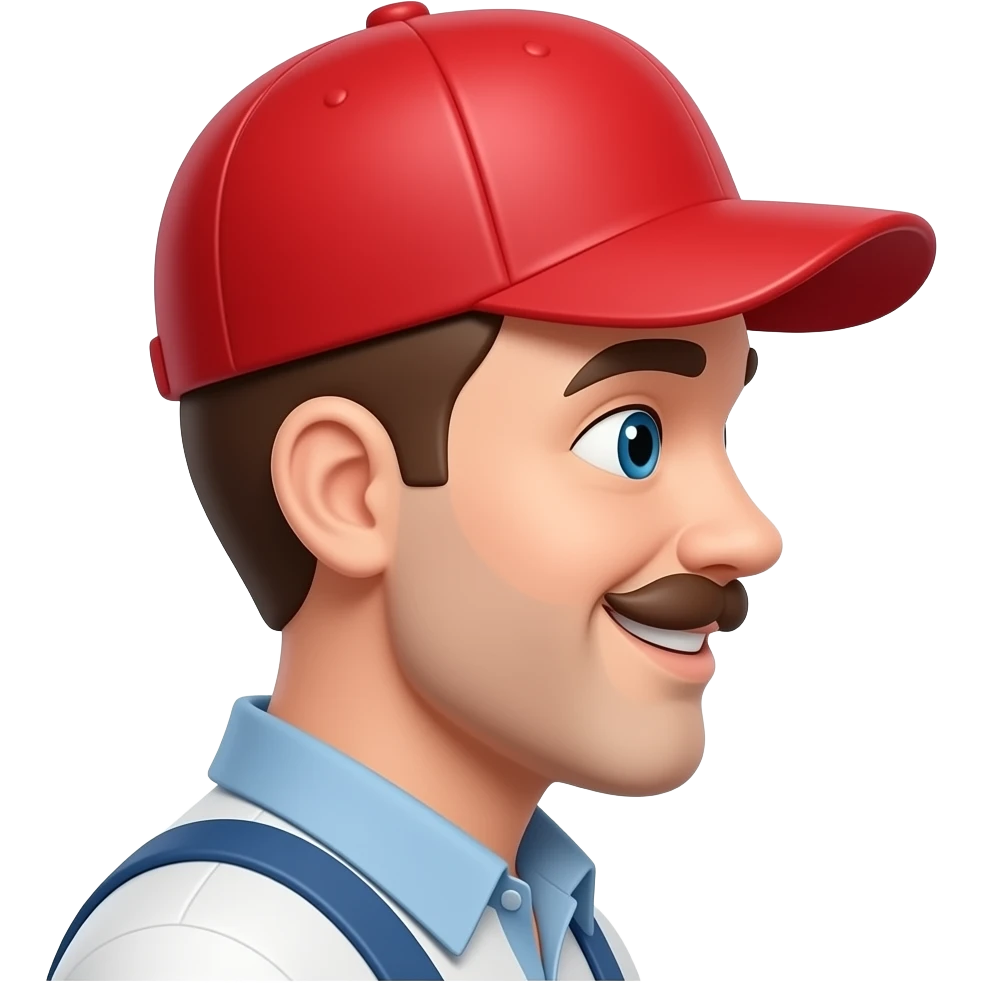 Cute 3D plumber emoji, right side profile, smiling expression, glossy red cap, cartoon mustache, cute emoji style, clean render emoji