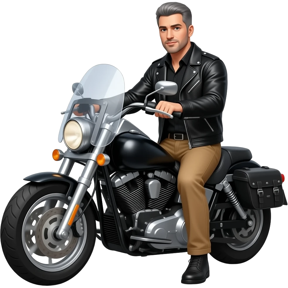 Black and gray short hair clean shaven man with no beard in black leather jacket and black shirt and tan pants riding on a harley with a windshield and saddlebags emoji