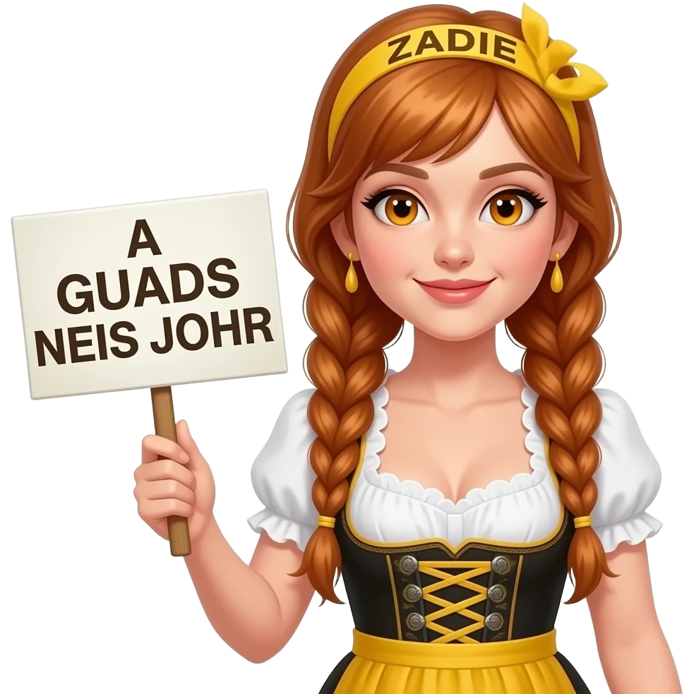 sexy girl with overlong ginger braids and ginger eyes wearing a yellow dirndl and a yellow headband with ZADIE written on it, is holding a sign with A GUADS NEIS JOHR written on it emoji