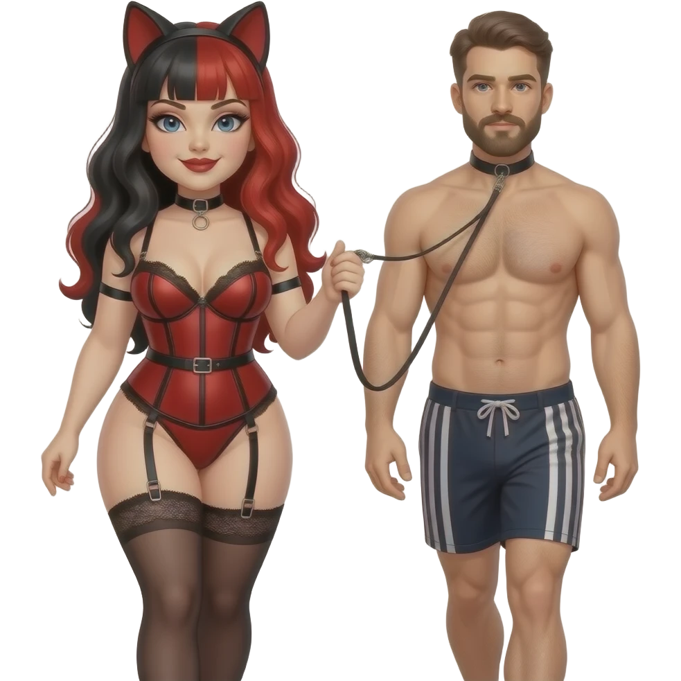 Dominatrix wearing a darkred  bdsm style harness lingerie. White skin, chubby, dark Make the girl have long red and black hair and male partner in boxers getting walked on a leash collar on neck with goatee facial hair emoji