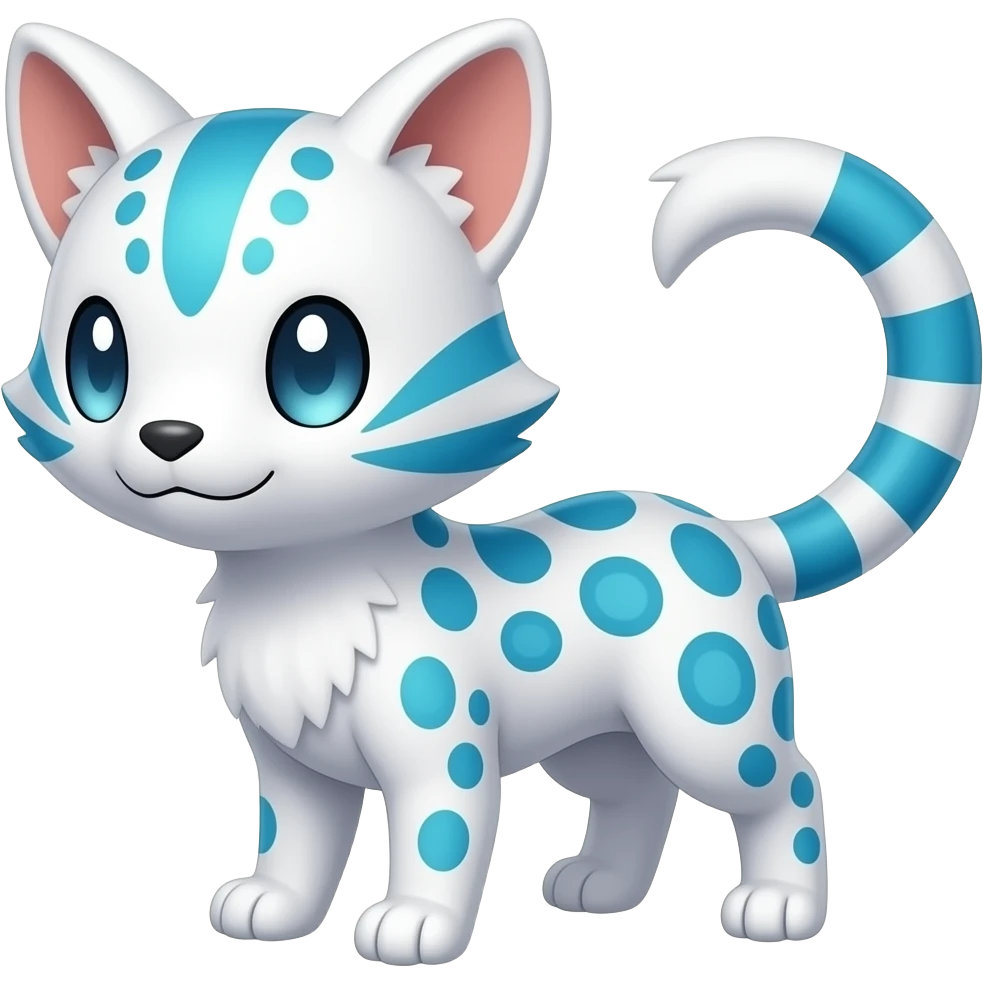 Colorful Meloetta-Sergal-Snow-Leopard-Civet-Genet-Pokémon-Digimon-Fakémon-fusion-hybrid-creature with Cyan stripes and blue leopard-spot-markings emoji