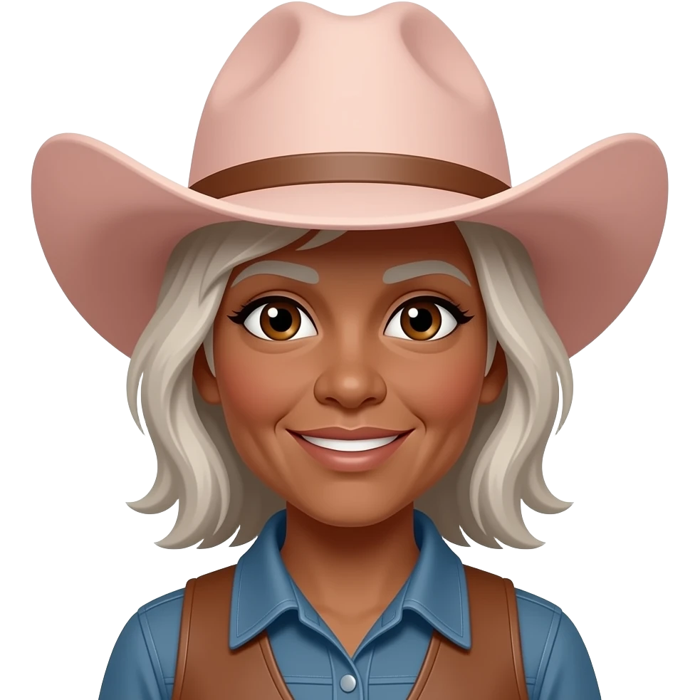 Old  aged Cowgirl with pink hat dark tanned skin grey/blonde hair brown eye brows brown eyes emoji