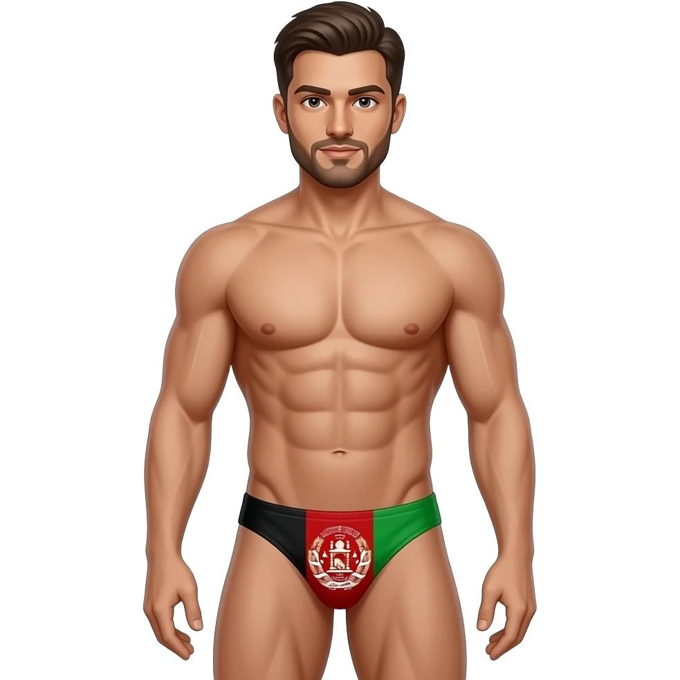 upper body (thighs-up) male figure with afghani face, hair, and body standing with muscular build in thin, narrow thong with afghanistan flag theme emoji
