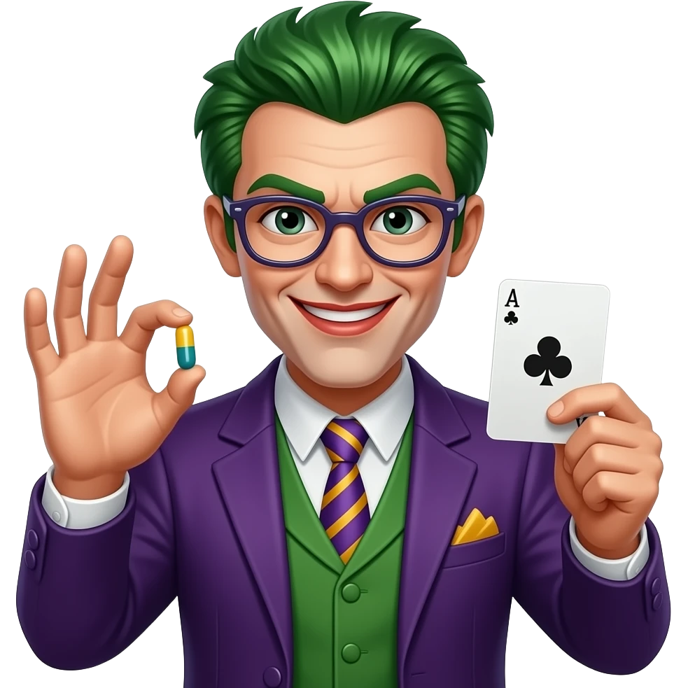 riddler WITH PILL IN ONE HAND CARD IN ANOTHER emoji