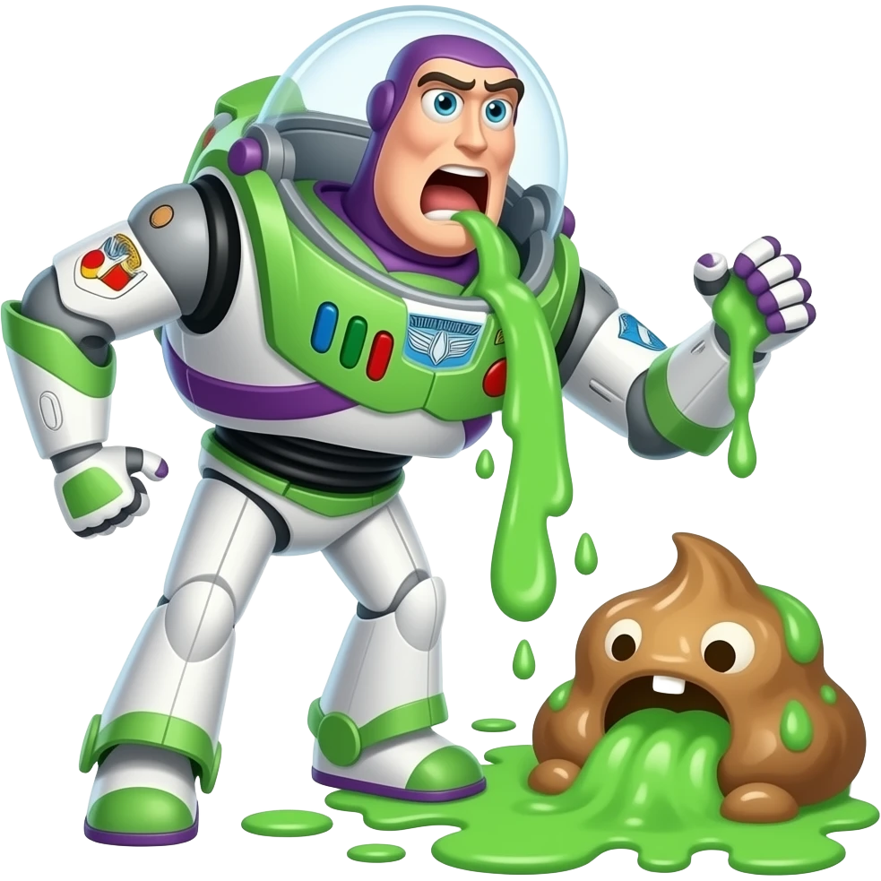 outbreak of vomiting and diarrhea; vomiting is neon green; shit light brown: Buzz Lightyear emoji