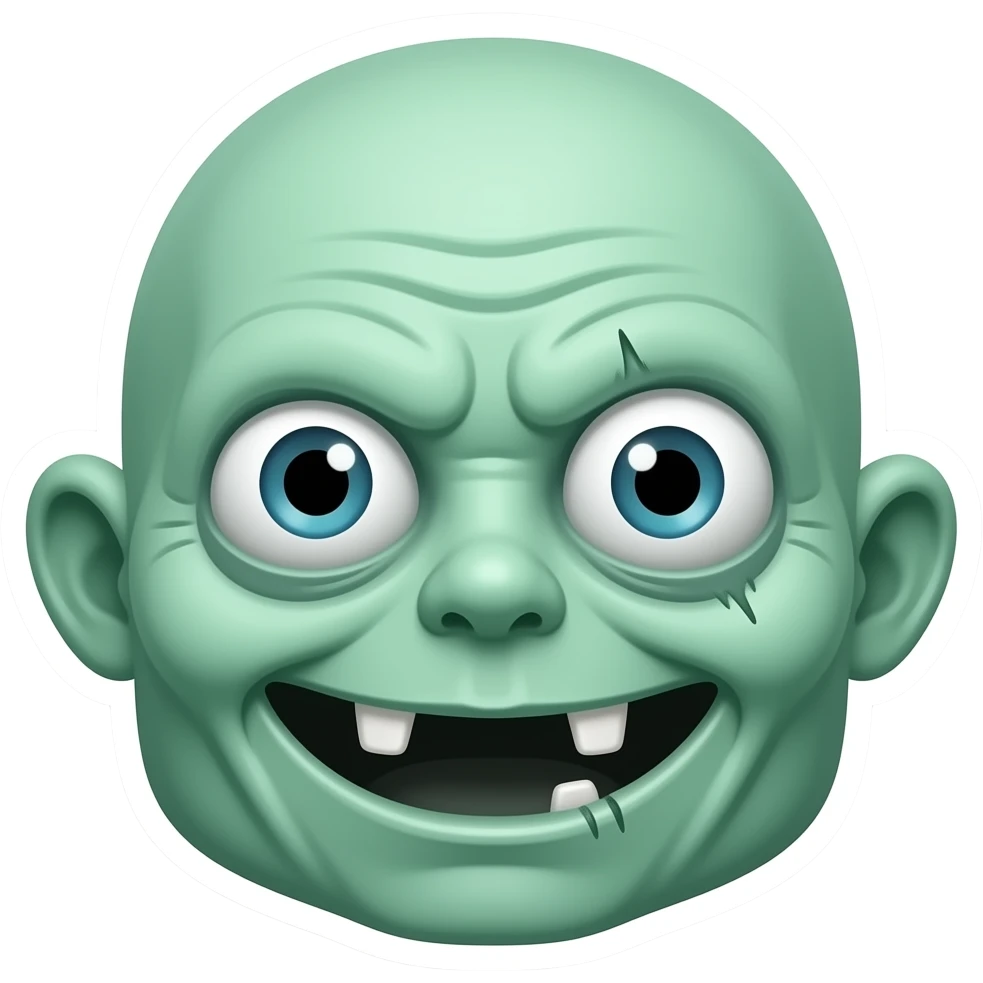 3D zombie emoji face, goofy crooked grin, mint-green skin, one spiral ...