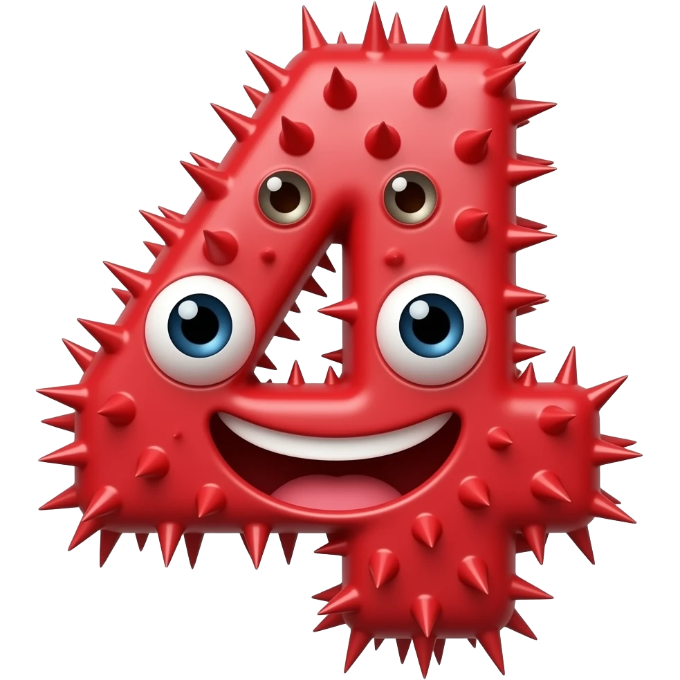 A red spiky number four with four eyes and a mouth emoji