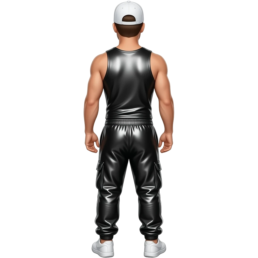 Donnie Wahlberg from behind with white cap, black metallic tank top, black metallic baggy joggers emoji