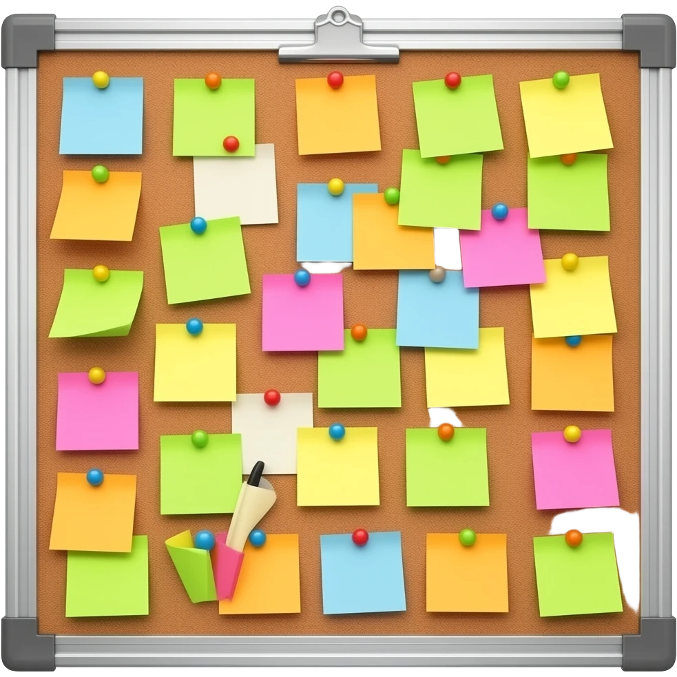 message board with posted notes. No clip at the top emoji