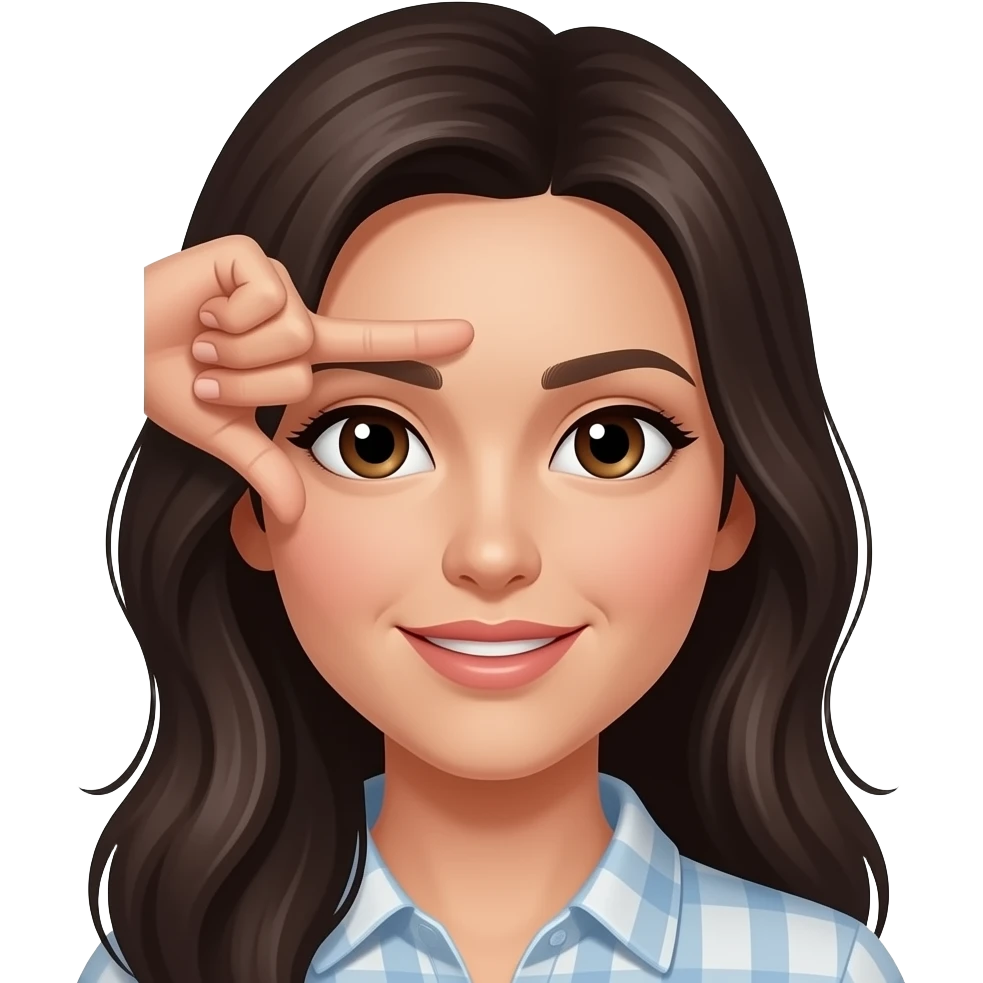 Woman with dark long hair brown eyes L fingers on forehead with thumb and index finger center forehead making L shape emoji