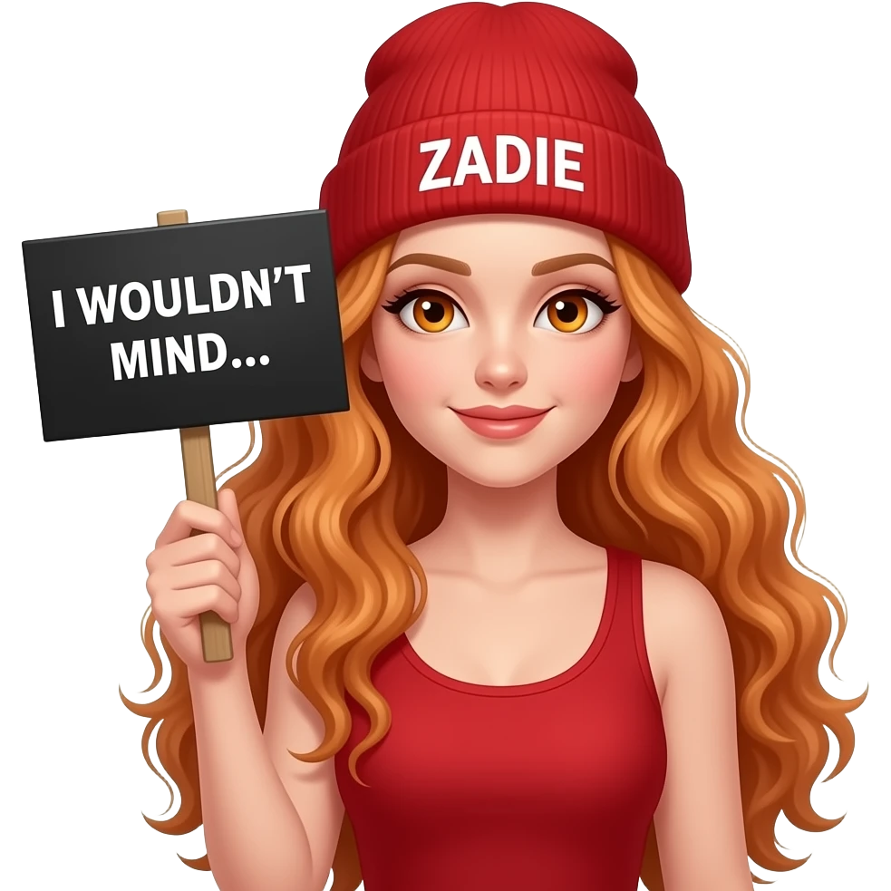 sexy girl with overlong wavy ginger hair and ginger eyes wearing a red tanktop and a red beanie with ZADIE written on it, is holding a black sign with I WOULDN'T MIND... written on it emoji