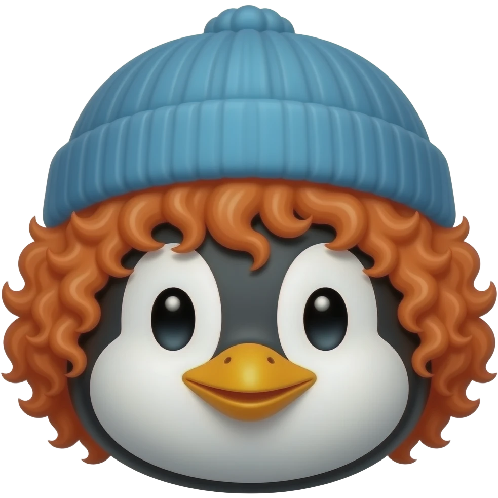 red curly haired penguin with a blue beanie, just face emoji