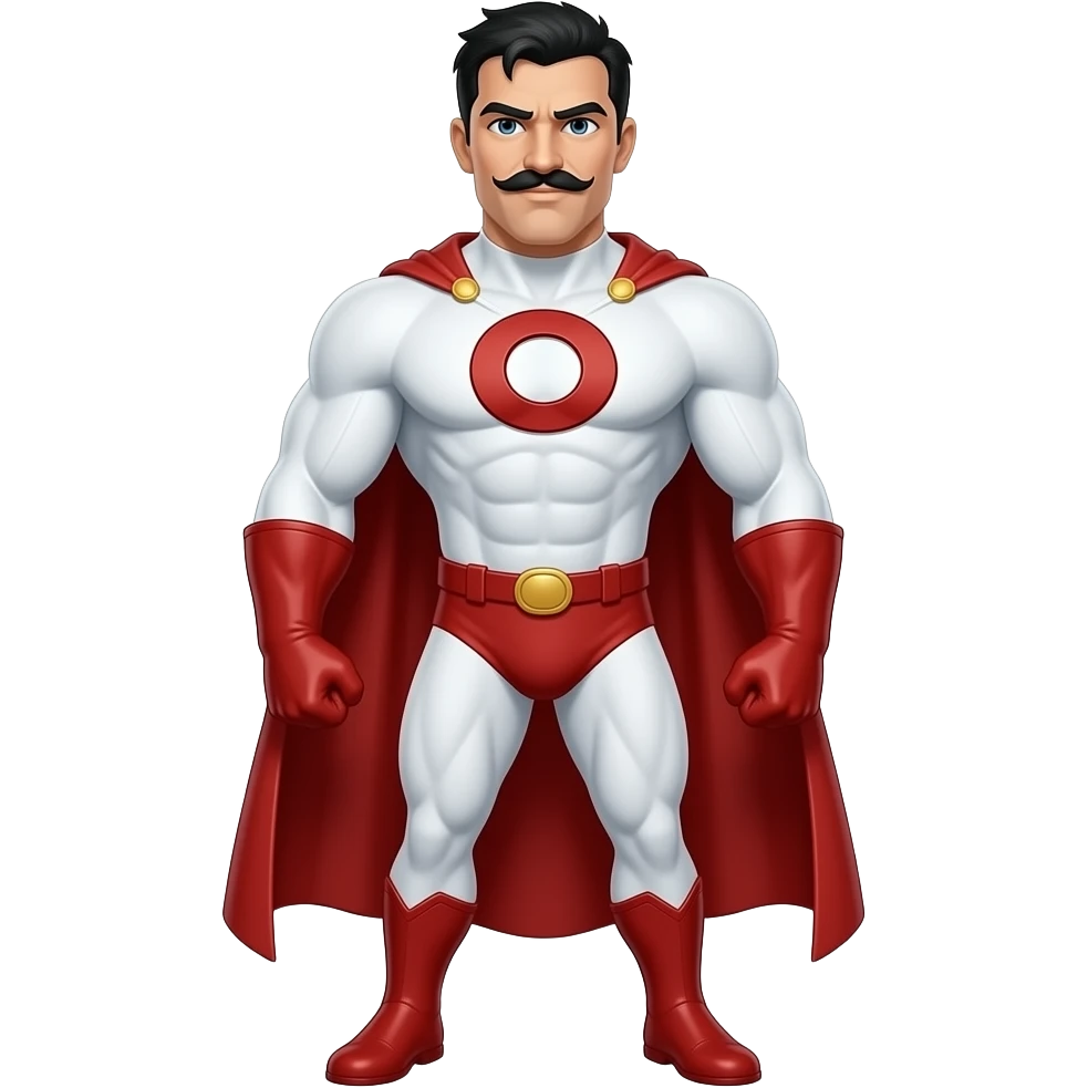 Omni-Man from Invincible. Focus on a strong, muscular figure with a prominent mustache and short black hair. He should be wearing a white suit with red accents—red gloves, boots, and a red cape—along with a bold 'O' symbol on his chest. emoji