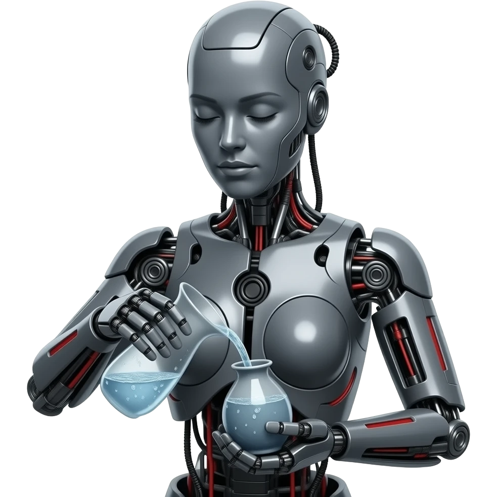 A mechanical woman made of dark gray steel with black and red markings pouring water from a vase, no human features, only robot features, entire body, full body, emoji