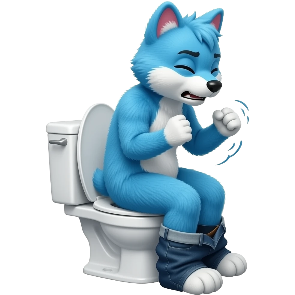 blue furry fursuit sitting on toilet, side view, pants down, straining face, eyes closed, pushing, squeezing, both fists, straining emoji