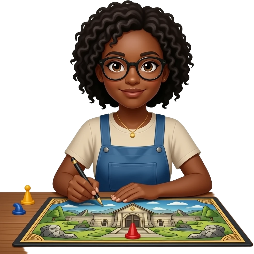 a black female artist decorating a European style fantasy board game on a table emoji