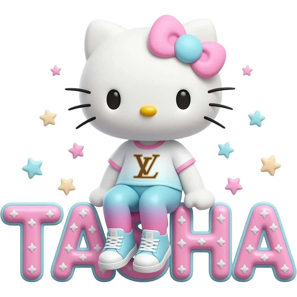 4D Velvety fur texture hello kitty wearing ombre white and blue and pink ombre pastel colored leggings and sneakers, and with the Louis Vuitton symbol on her ombre pastel bow sitting sideways on top of the velvety 3D outlined letters TASHA and surrounded with tiny ombre pastel stars made of candy emoji