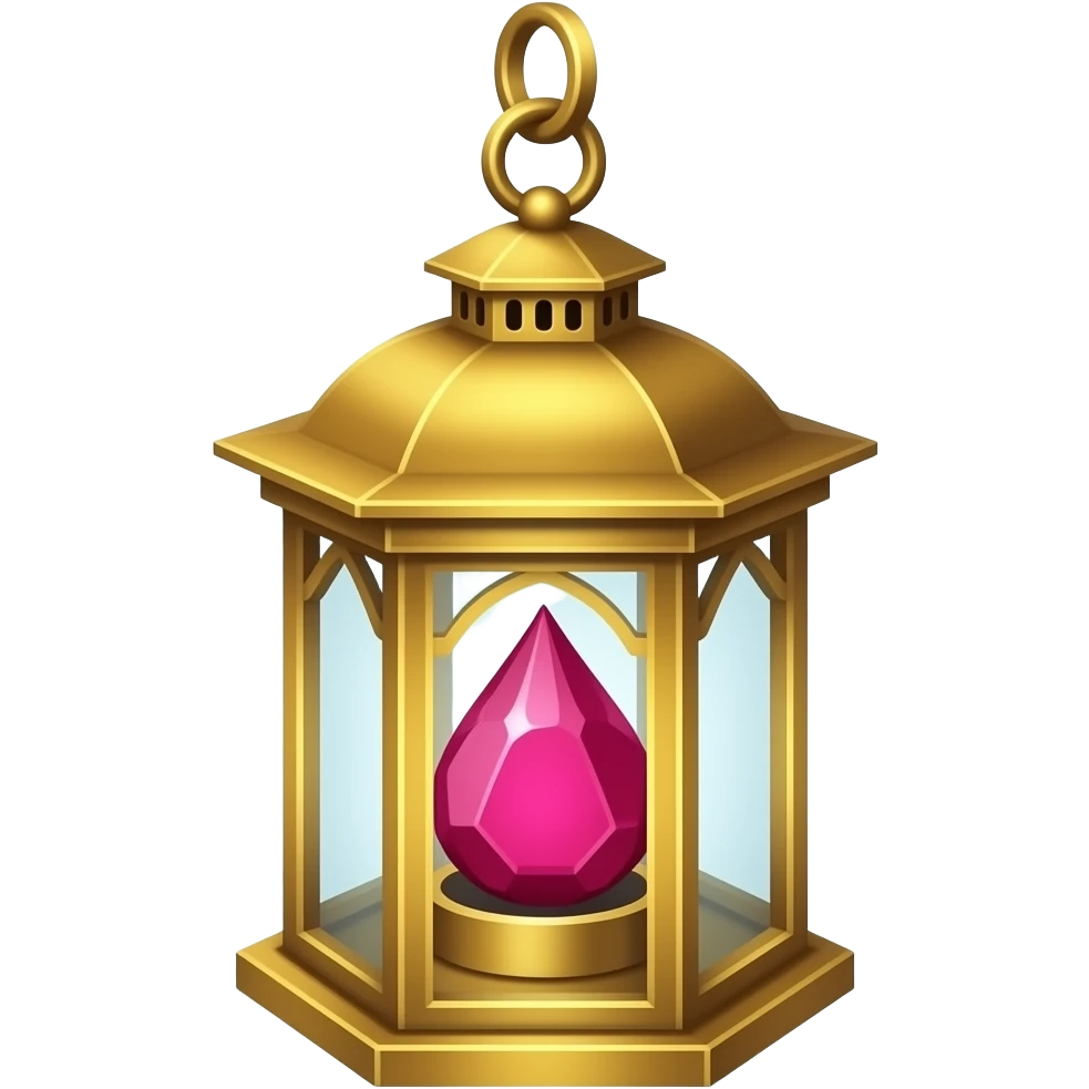 A gold hanging lantern with a bright  ruby flames, an empty loop on top, fae themed emoji