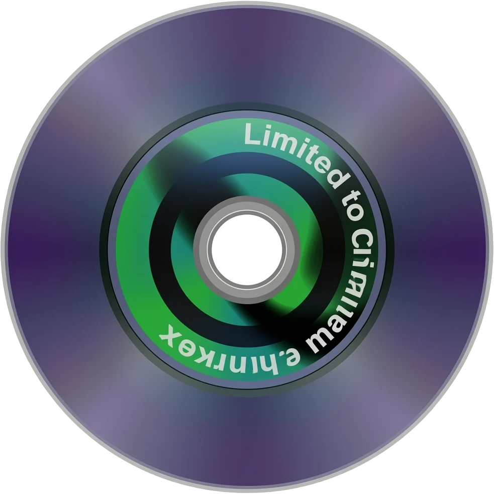 a dark purple CD disk with green-black-blue pattern center circle and the word: "僅限中國市場" emoji