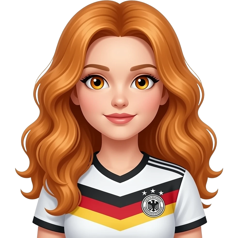 sexy girl with overlong wavy ginger hair and ginger eyes is wearing a german trikot emoji