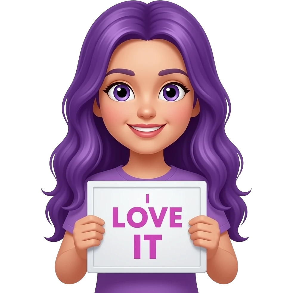 girl with long purple hair with a I LOVE IT sign emoji
