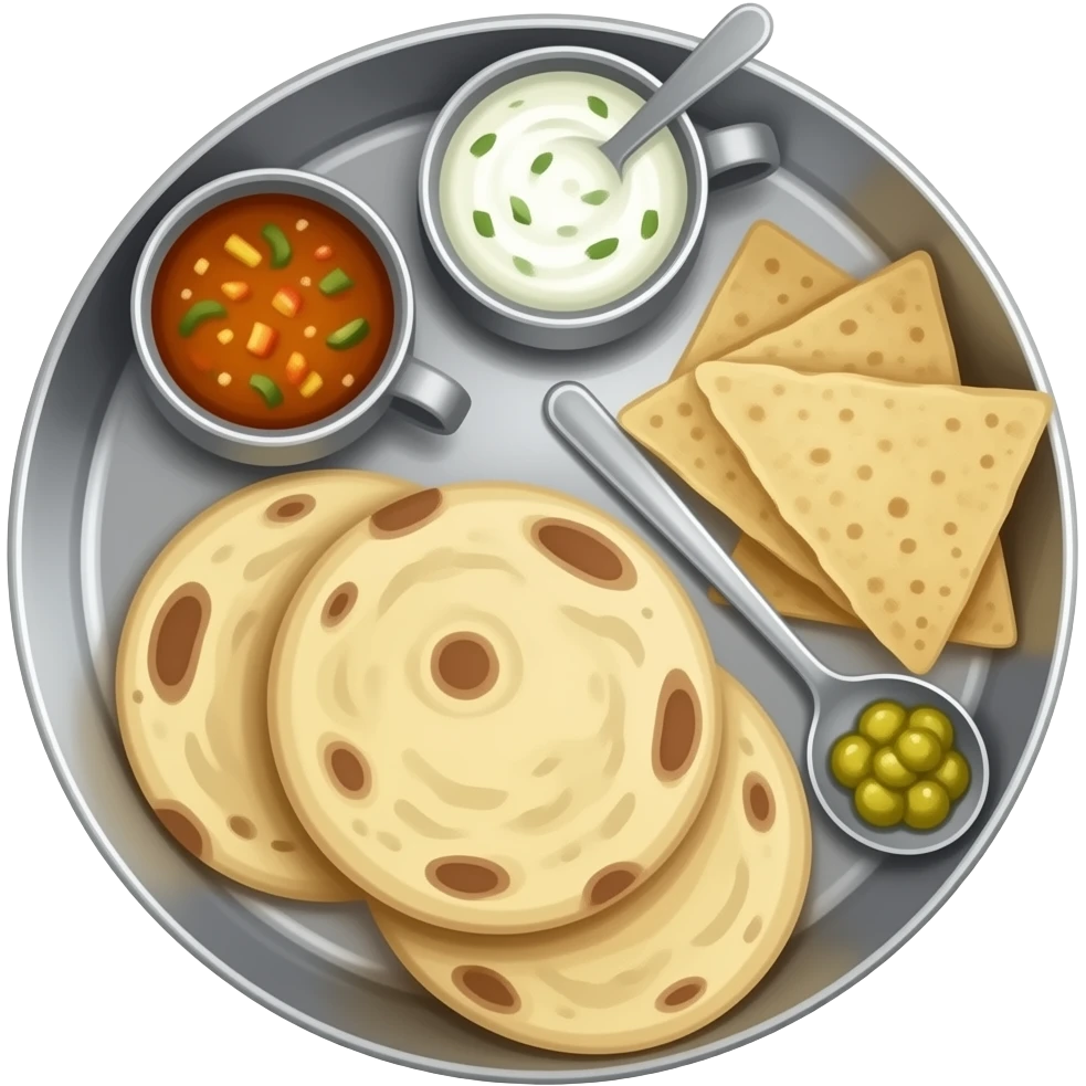 Indian thali with 2 rotis and 1 cup of aalu tamatar sabzi and one cup curd with spoon in it, a papad and a spoon pickle emoji