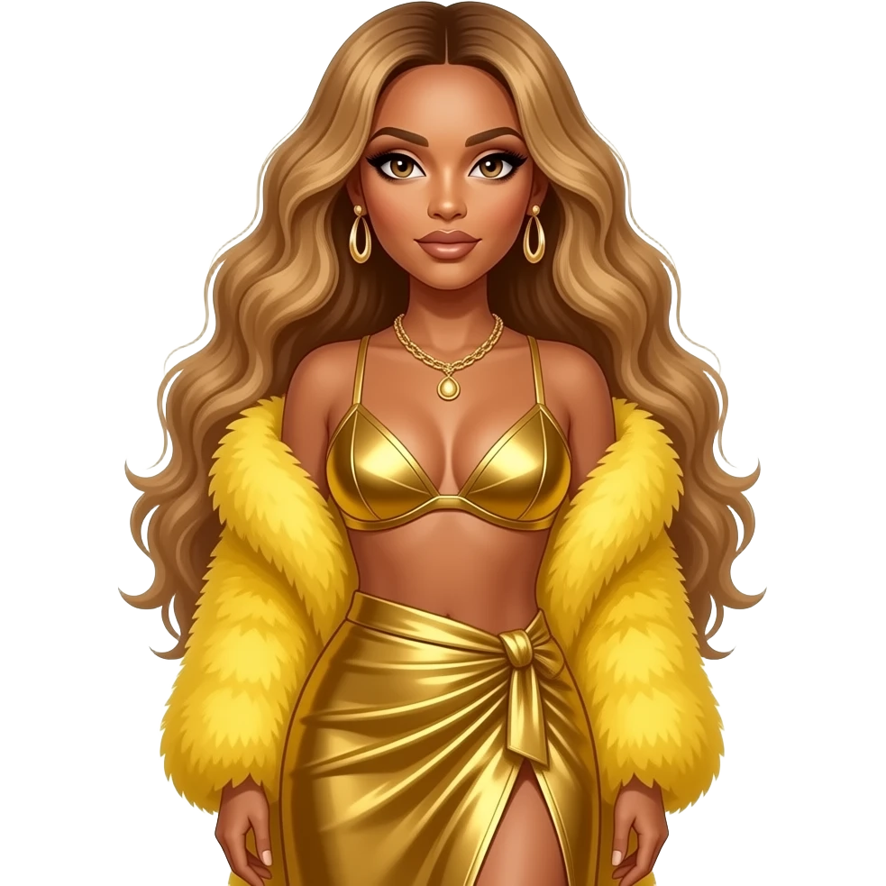 Beyonce with hazel eyes, long honey blonde hair, yellow fur shawl, gold metallic bra, gold metallic long wrap skirt, necklace and earrings emoji