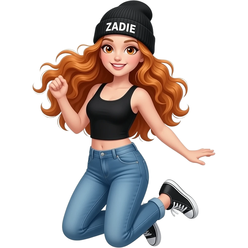 sexy girl with overlong wavy ginger hair and ginger eyes wearing a black tanktop and a black beanie with ZADIE written on it, is jumping emoji