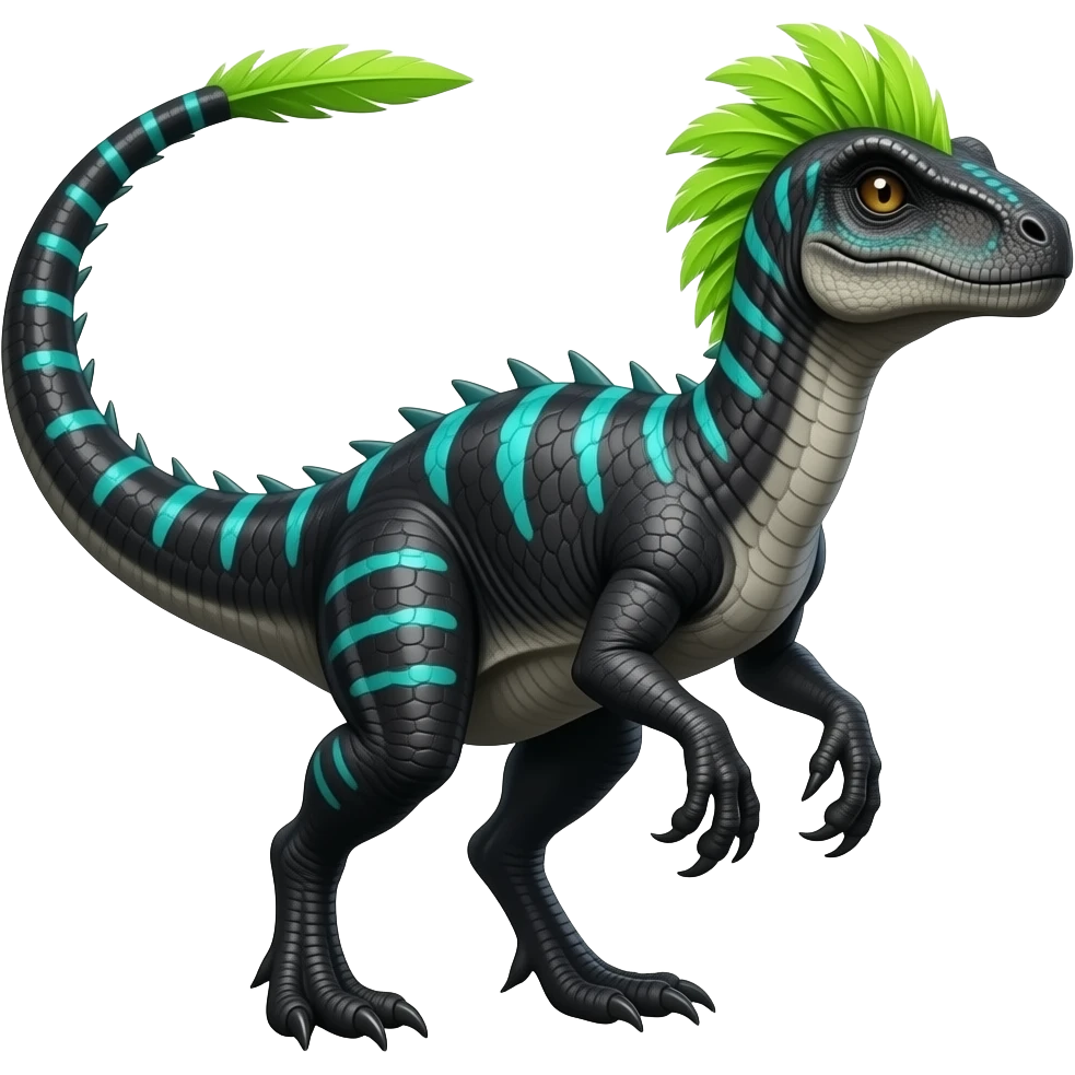 Cool edgy ancient black-scaled with neon-cyan stripe markings digitigrade bipedal vintage futuristic raptorik fantasy-Cyberpunk-Steampunk-Solarpunk-Genesect-Salamence-Cyclizar-Salazzle-Feraligatr-Fakémon-animal-hybrid, with neon feather-mane, and a tail blade, back spikes, full body emoji